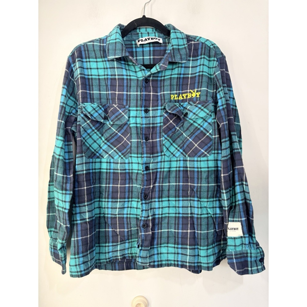 Playboy by PacSun Mens M Teal Blue Plaid Flannel 100% Cotton Y2K Skate